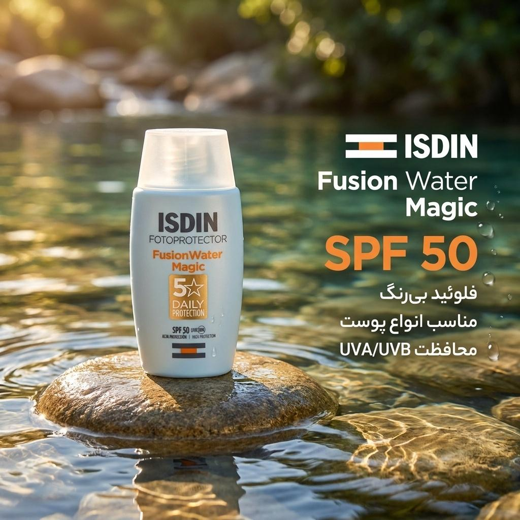 فلوئید ضدآفتاب بدون رنگ ایزدین SPF50 مدل Fusion Water Magic ‌مناسب انواع پوست، حجم 50 میلی‌لیتر