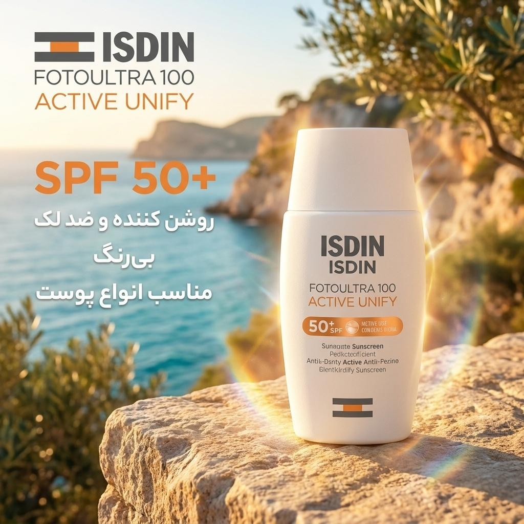 کرم ضدآفتاب بدون رنگ ایزدین SPF50 مدل FOTOULTRA 100 ACTIVE UNIFY ‌مناسب انواع پوست، حجم 50 میلی‌‌لیتر