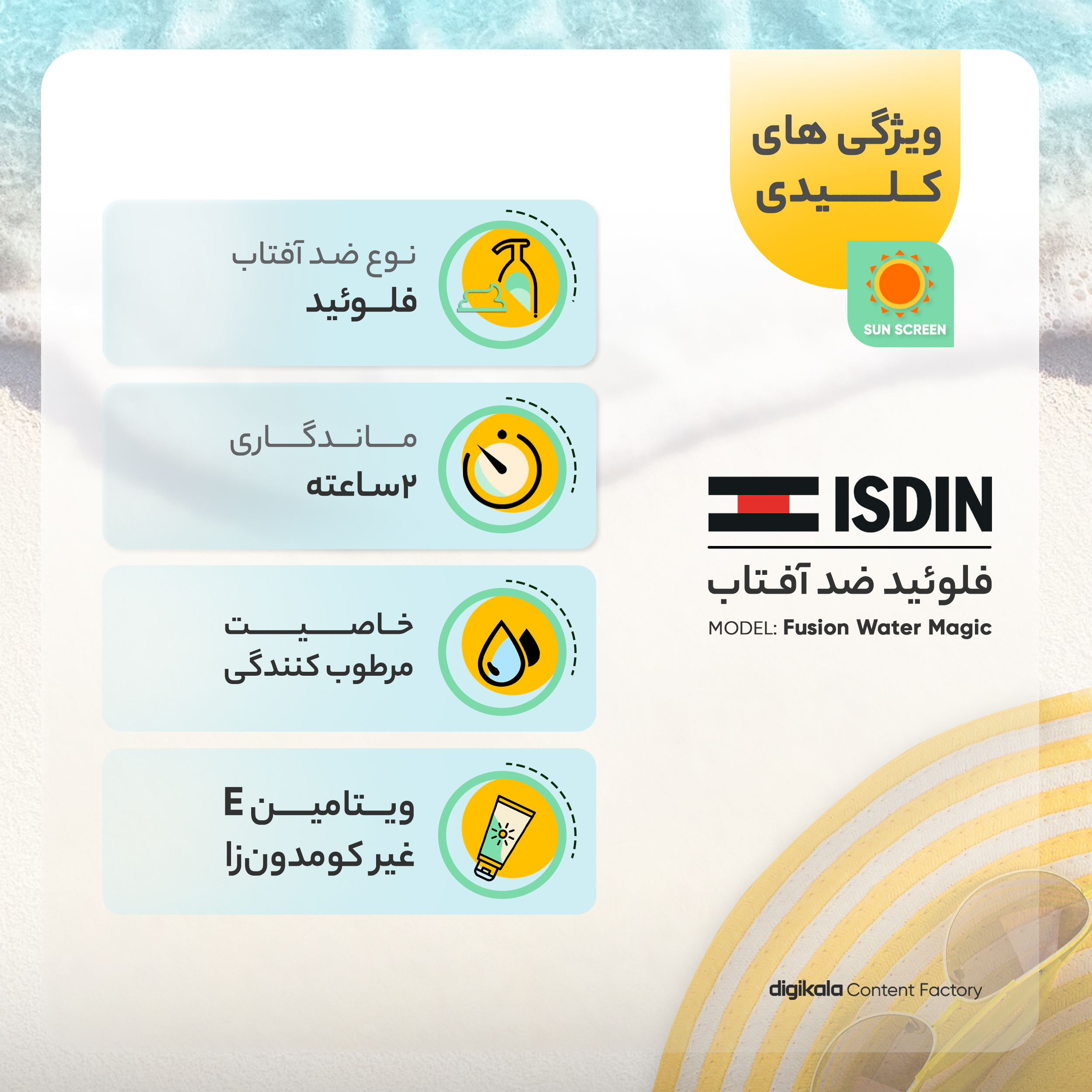 فلوئید ضدآفتاب بدون رنگ ایزدین SPF50 مدل Fusion Water Magic ‌مناسب انواع پوست، حجم 50 میلی‌لیتر